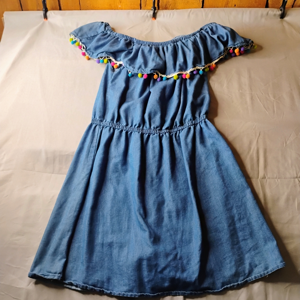 New Look Denim  Dress with Colorful Pom-Pom Trim